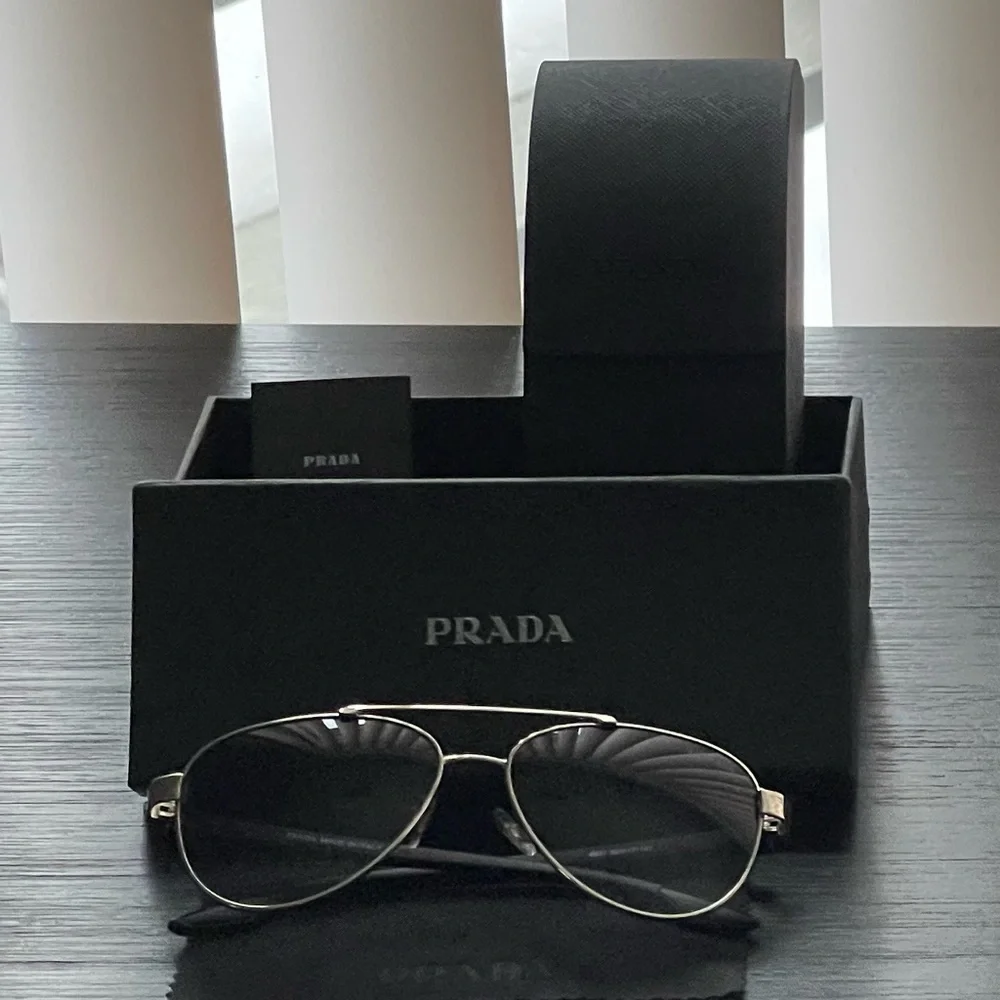 Prada Silver Aviator Sunglasses with Dark Blue and Purple Lenses